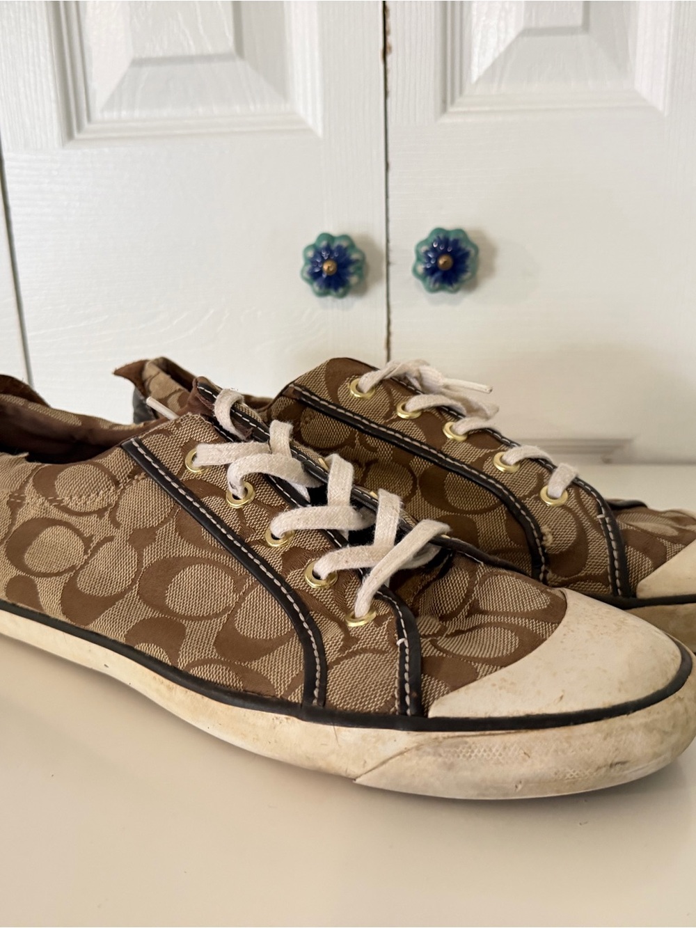 Women’s Coach Classic Logo Pattern Brown and Beige Sneakers